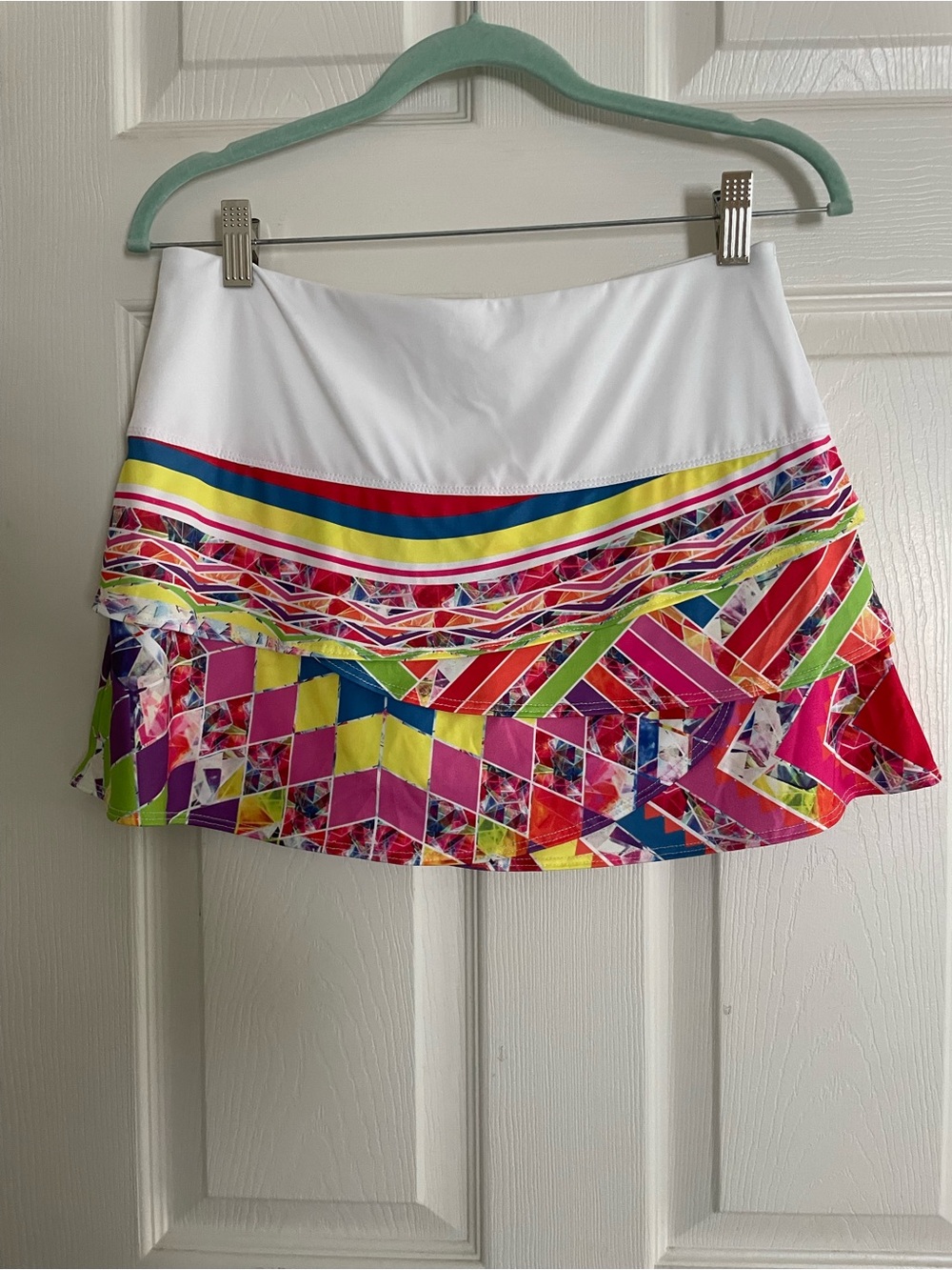 Lucky in Love White Skort with Multicolor Geometric Stripe Print